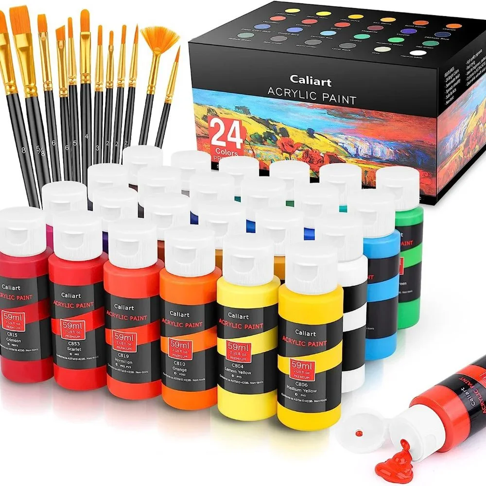NEW 24 Caliart Acrylic Paint Set colors (59ml, 2oz) Art Craft Paints 12 brushes
